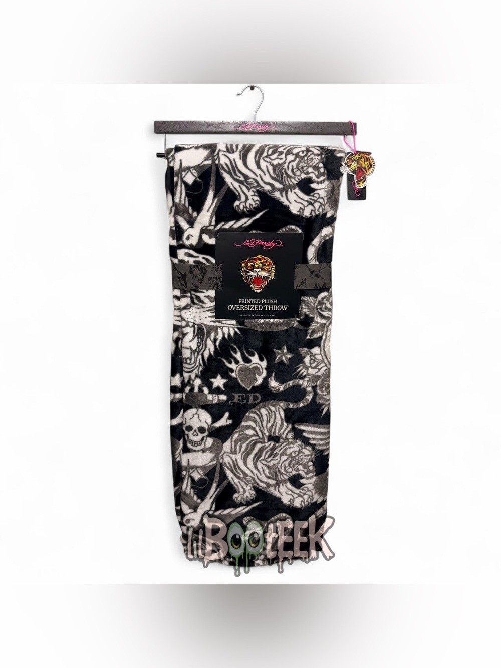 Ed Hardy Black & White Flash Tattoo Print Plush Oversized Throw Blanket